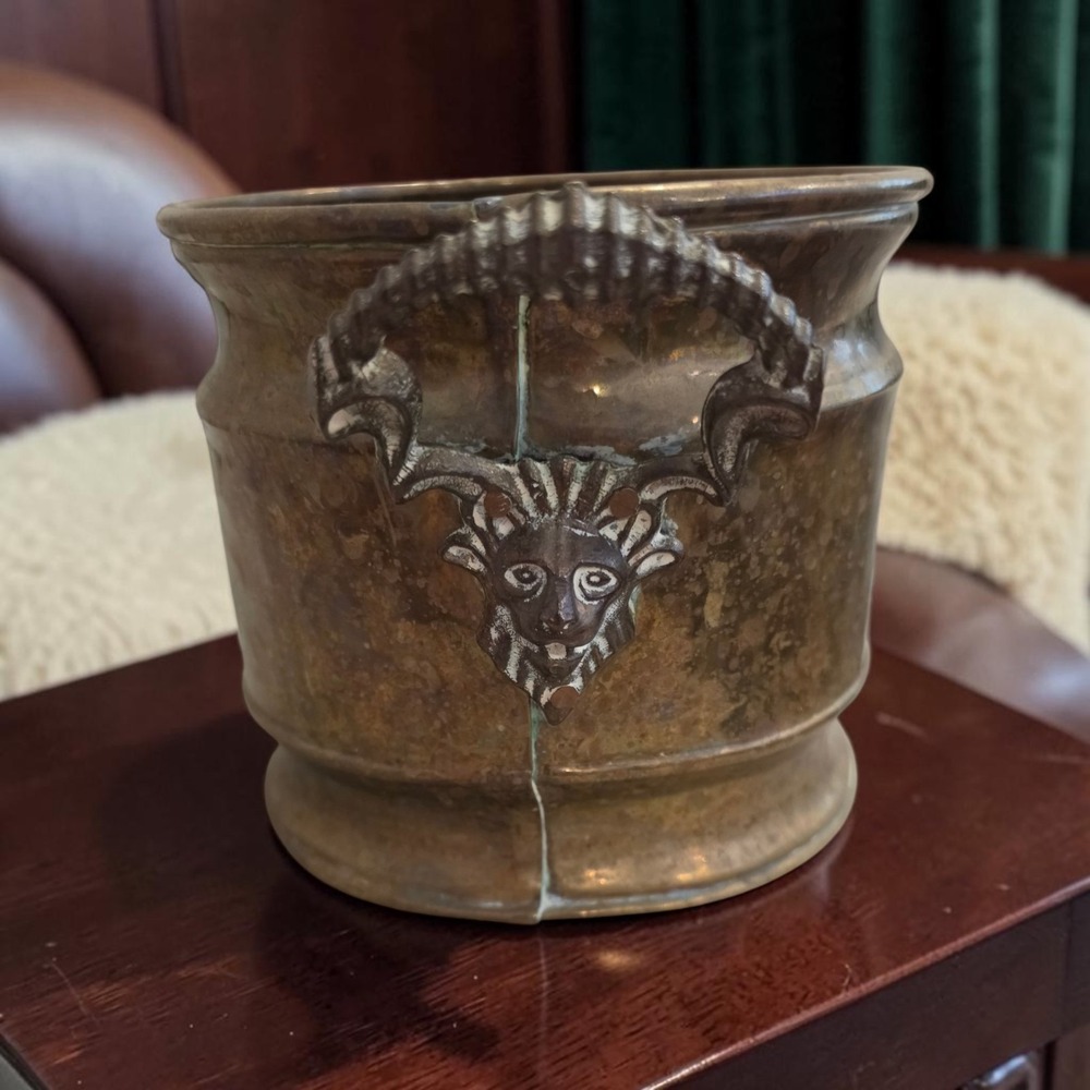 VTG Brass Planter Bucket Goat Head Rustic Patina Cottagecore Grandmillennial